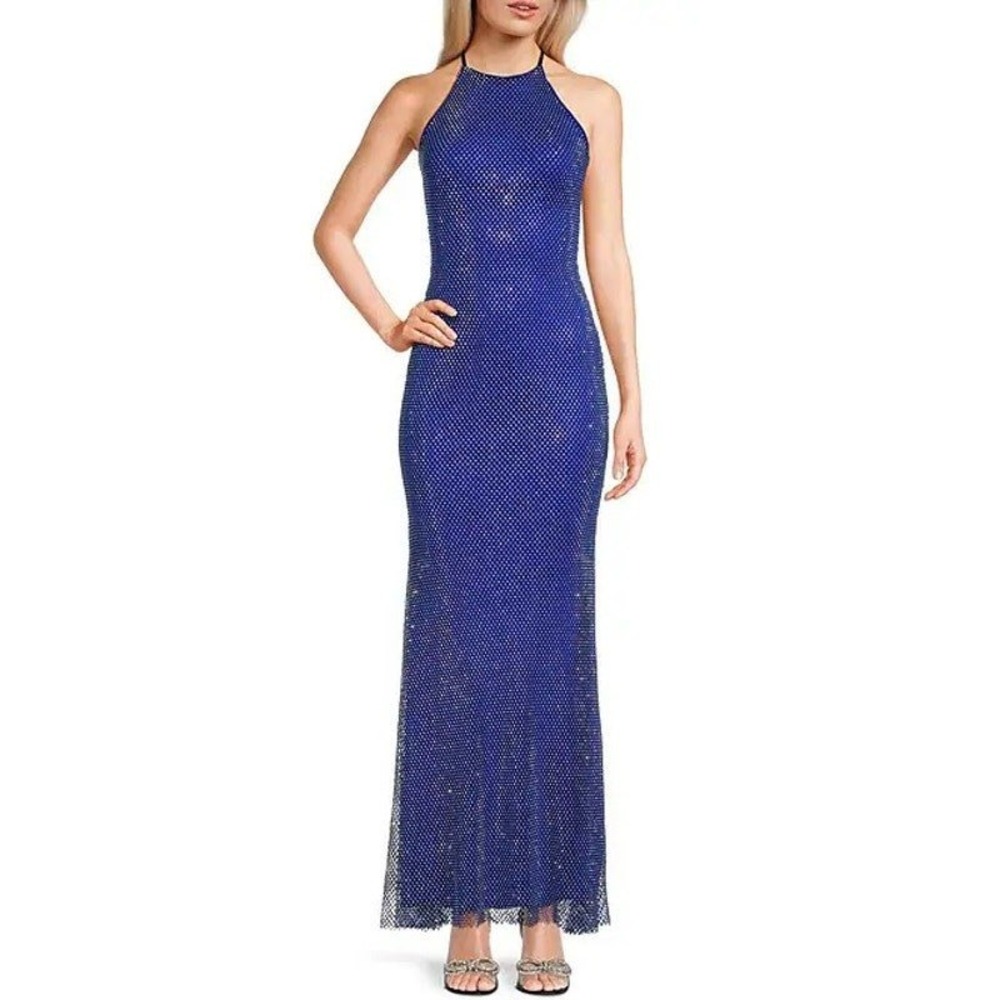 B. Darlin Rhinestone Mesh Gown Womens 17/18 Blue Halter Keyhole Back Maxi Dress